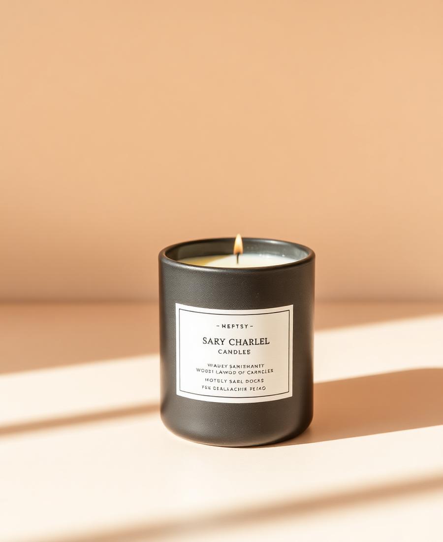 A luxury sandalwood candle on a marble tray