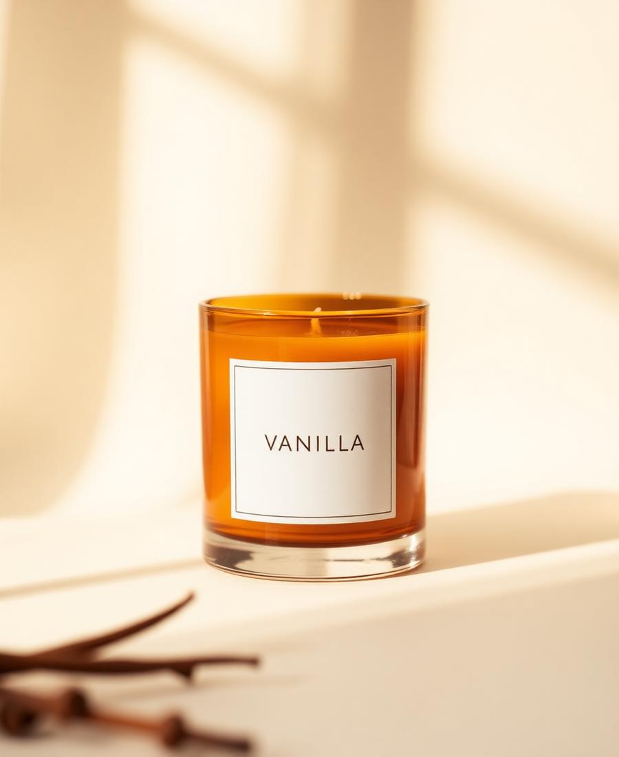 A vanilla Luma candle on a wooden shelf