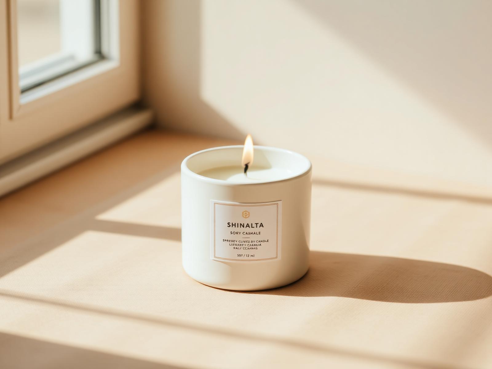 A lit Luma soy candle on a linen surface